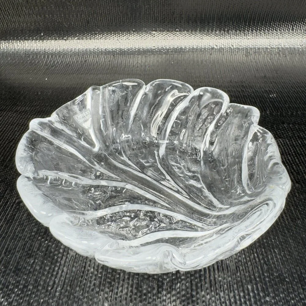 Orrefors Sweden EDEN Clear Glass Crystal‎ Dish Bowl Leaf Shaped W Sticker VTG